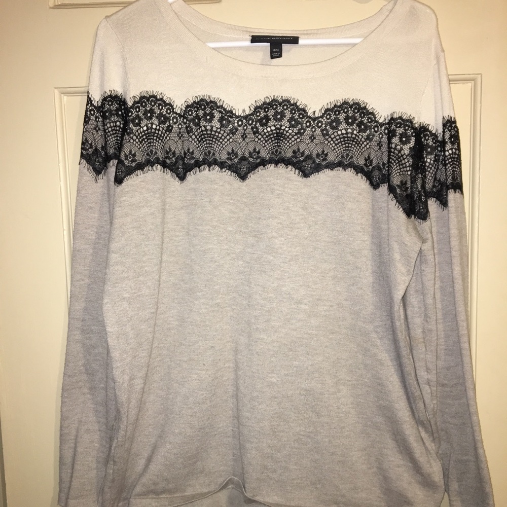Two color sweater with black lace trim